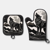 Night Wolf Silhouette Design Ovenwant & Pannenlap Set (Voorkant)