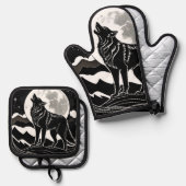 Night Wolf Silhouette Design Ovenwant & Pannenlap Set (Voorkant / Achterkant)