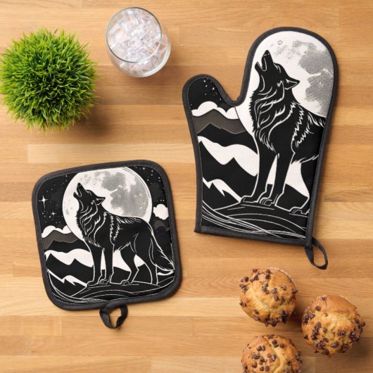 Night Wolf Silhouette Design Ovenwant & Pannenlap Set (Top down)