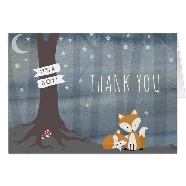 Night Woodland Fox Boy Baby shower Dank je wel (Voorkant Horizontaal)