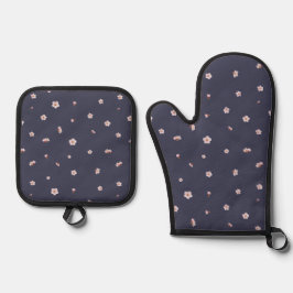 Nightfall Navy Japanese Cherry Blossom Floral Patt Ovenwant & Pannenlap Set