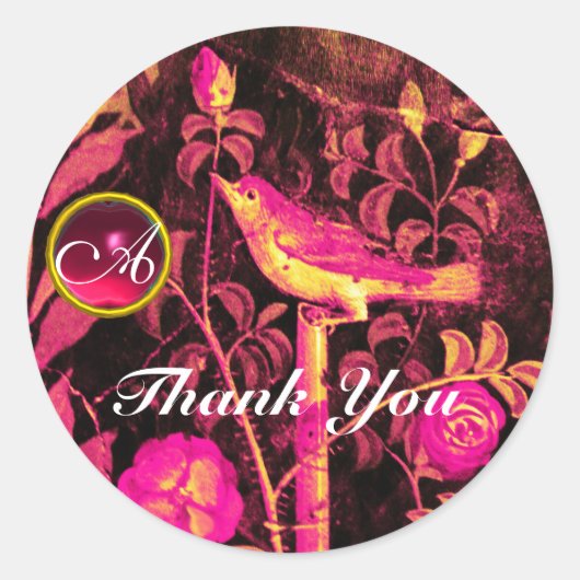 NIGHTINGALE MET ROZEN MONOGRAM Pink Yellow Black Ronde Sticker (Voorkant)
