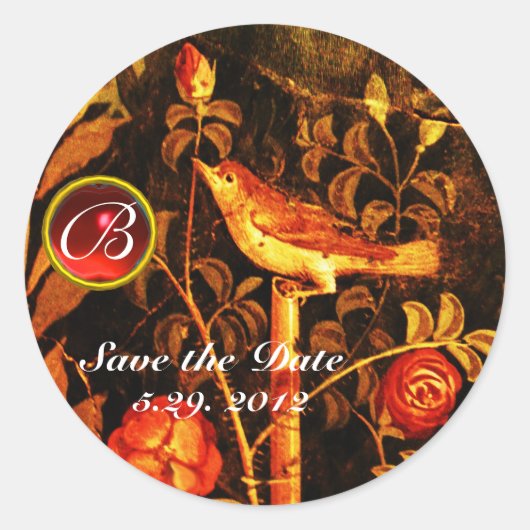NIGHTINGALE MET ROZEN MONOGRAM Red Yellow Black Ronde Sticker (Voorkant)