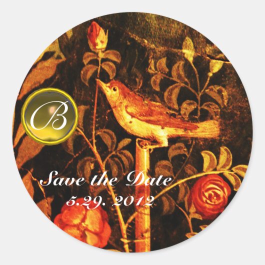 NIGHTINGALE MET ROZEN MONOGRAM Red Yellow Black Ronde Sticker (Voorkant)