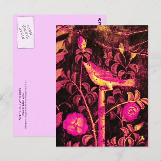 NIGHTINGALE MET ROZEN, Roze Fuchsia Black Yellow Briefkaart (Voorkant / Achterkant)
