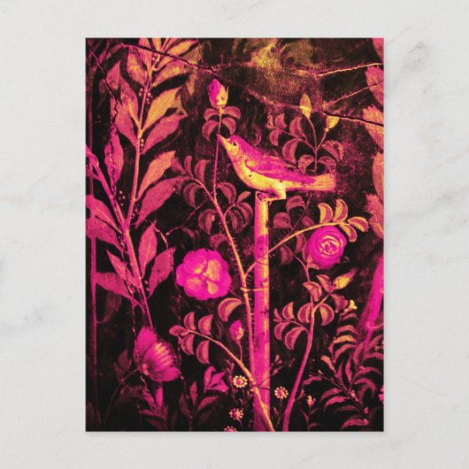NIGHTINGALE MET ROZEN, Roze Fuchsia Black Yellow Briefkaart (Voorkant)