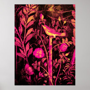 NIGHTINGALE MET ROZEN, Roze Fuchsia Black Yellow Poster