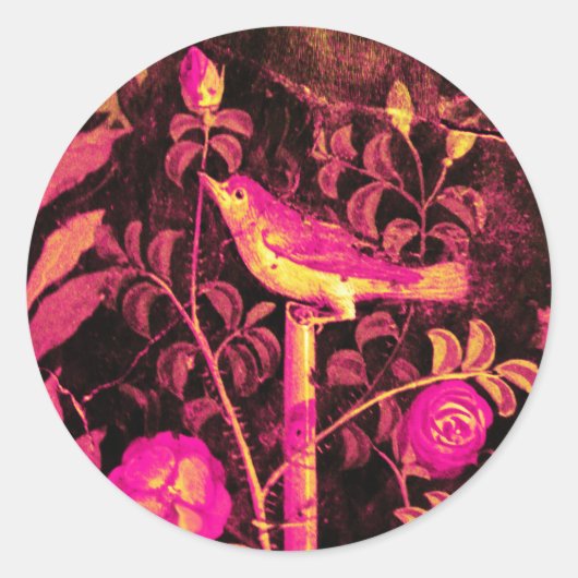 NIGHTINGALE MET ROZEN Roze Fuchsia Yellow Black Ronde Sticker (Voorkant)