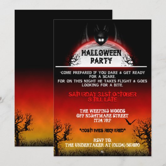 Nightmare Bat Halloween Invitations (Sunset) Kaart (Voorkant / Achterkant)