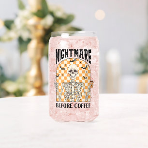 "Nightmare Before Coffee" Retro Skelet Drink Blikvorm Glas