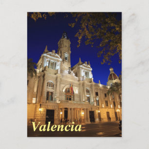 Nightview of Plaza Ayuntamiento, Valencia, Spanje Briefkaart