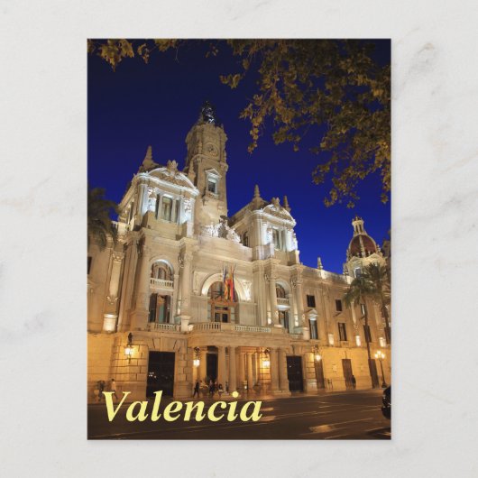 Nightview of Plaza Ayuntamiento, Valencia, Spanje Briefkaart (Voorkant)
