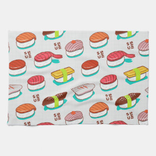 nigiri sushi, doodle patroon theedoek
