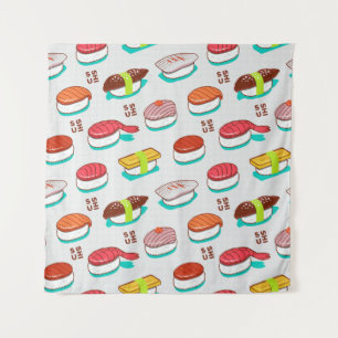 nigiri sushi, doodle patroon wandkleed