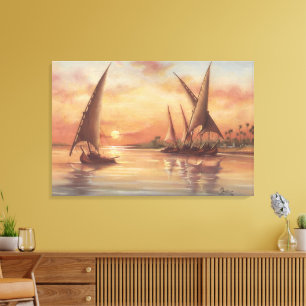 Nijl Zonsondergang Feluccas Kunst Canvas Afdruk