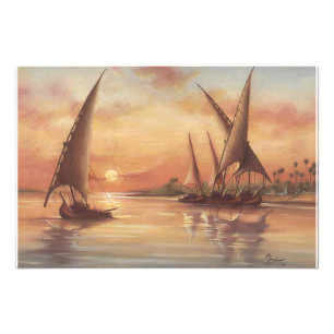 Nijl Zonsondergang Feluccas Kunst Foto Afdruk