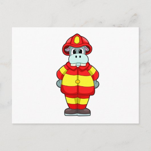 Nijlpaard als brandweerman bij de brandweer met pe briefkaart (Voorkant)