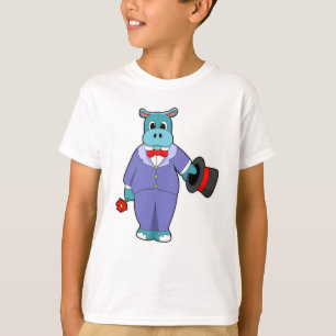 Nijlpaard als bruidegom met pak en roos t-shirt