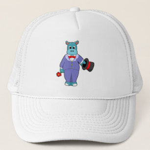 Nijlpaard als bruidegom met pak en roos trucker pet