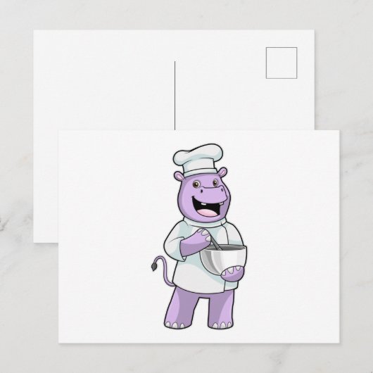 Nijlpaard als chef met kom briefkaart (Voorkant / Achterkant)