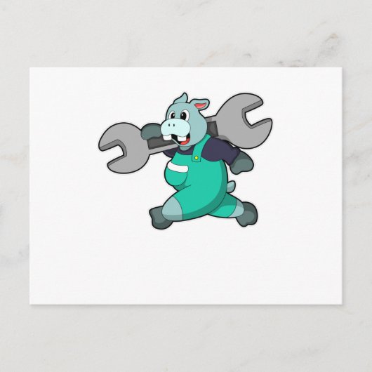 Nijlpaard als Mechanicien met Sleutel Briefkaart (Voorkant)