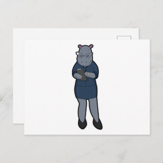 Nijlpaard als secretaris met notitieblok en pen briefkaart (Voorkant / Achterkant)