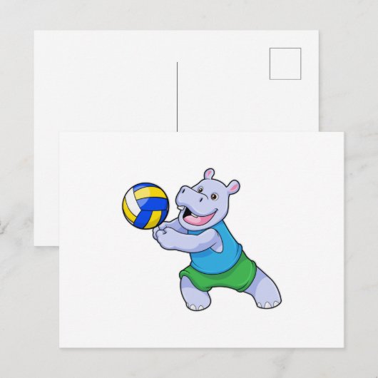 Nijlpaard als Volleybalspeler met Volleybal Briefkaart (Voorkant / Achterkant)