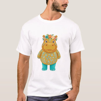 Nijlpaard Bloemen Kroon T-Shirt – Mosterdgeel