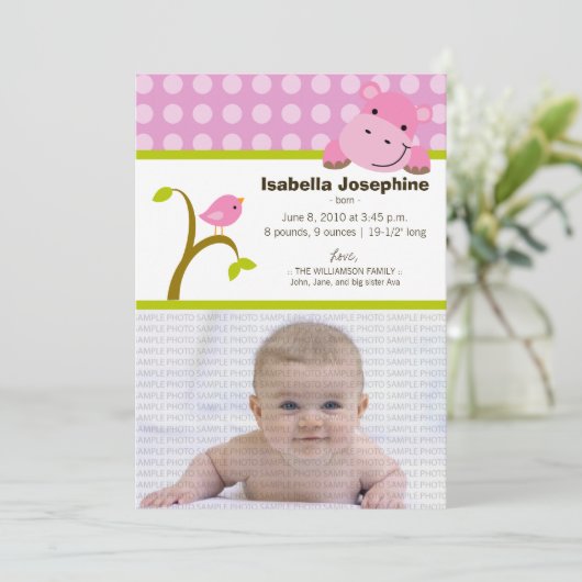 Nijlpaard en vogeltje baby geboorteaankondiging (r aankondiging (Staand voorkant)