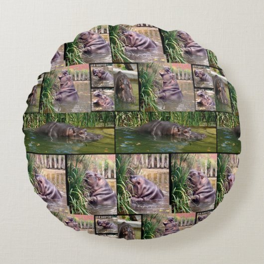 Nijlpaard Foto Collage, Rond Kussen (Voorkant)