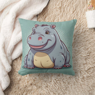 Nijlpaard Grappige Kawaii Blauwe Print  Kussen