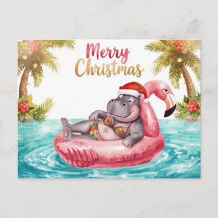 Nijlpaard in Bikini op Kerstzwembadfeestje  Feestdagenkaart