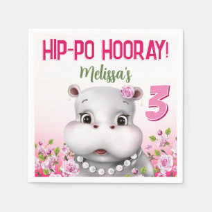 Nijlpaard in Parels Roze Bloem Meisje Verjaardag Servet