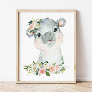 Nijlpaard, Safari, Jungle, Roze Bloemen, Meisjeska Poster