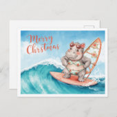 Nijlpaard Surfer op Surfplank op Kerstdienst  Feestdagenkaart (Voorkant / Achterkant)