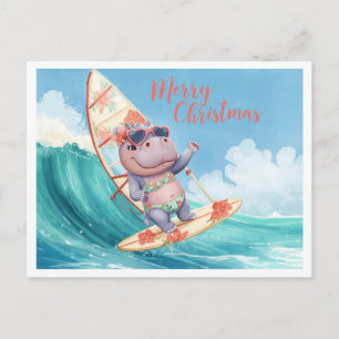 Nijlpaard Surfer op Surfplank op Kerstdienst Feestdagenkaart