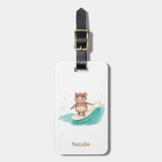 Nijlpaard-surfster op surfplank bagagelabel (Voorkant verticaal)