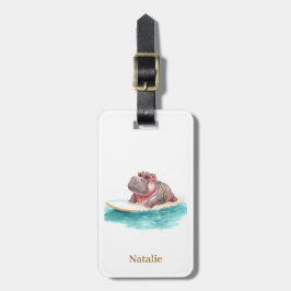 Nijlpaard-surfster op surfplank bagagelabel