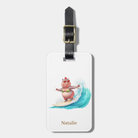 Nijlpaard-surfster op surfplank bagagelabel (Voorkant verticaal)
