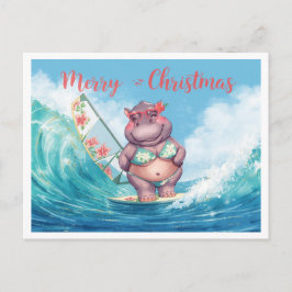 Nijlpaard-surfster op surfplank op kerstvakantie briefkaart