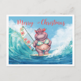 Nijlpaard-surfster op surfplank op kerstvakantie briefkaart