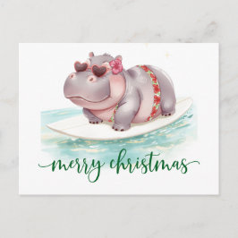 Nijlpaard-surfster op surfplank op kerstvakantie briefkaart