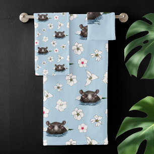 Nijlpaard Witte Lotus Blauwe Bad Handdoek