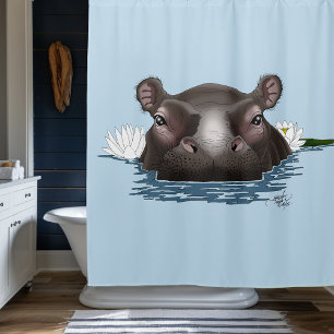 Nijlpaard Witte Lotus Blauwe Douchegordijn