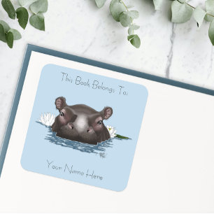 Nijlpaard Witte Lotus Blauwe Vierkante Sticker
