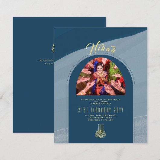 NIKAH Blauw Goud FOTO Trouw Uitnodiging (Voorkant / Achterkant)