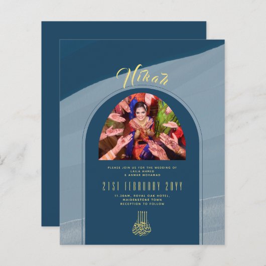 NIKAH Blauw Goud FOTO Trouw Uitnodiging (Voorkant / Achterkant)