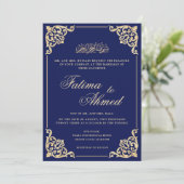 Nikah Blauw Goud Islamitische Moslim Bruiloft Kaart (Staand voorkant)