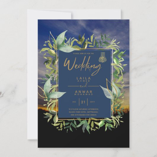 NIKAH - Blauwe Gouden Islamitische Trouw Uitnodigi Kaart (Voorkant)