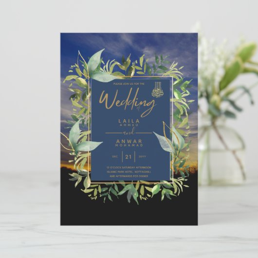 NIKAH - Blauwe Gouden Islamitische Trouw Uitnodigi Kaart (Staand voorkant)